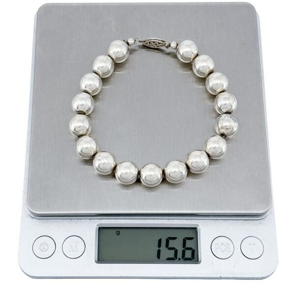 Vintage Sterling Silver 925 10mm Bead Bracelet 7.25" - Picture 6 of 7